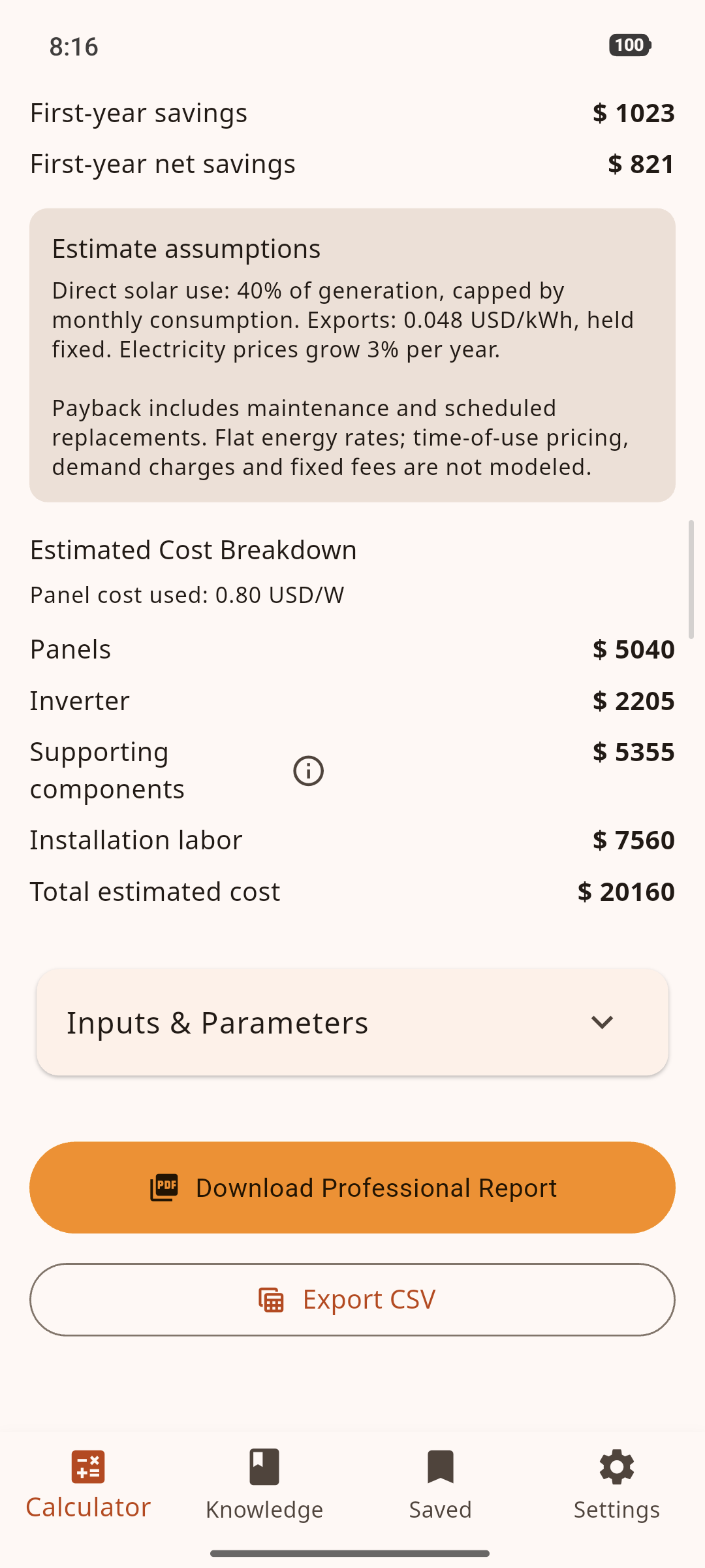 Exports screen with the Download Professional Report and CSV export actions below the estimated cost breakdown.