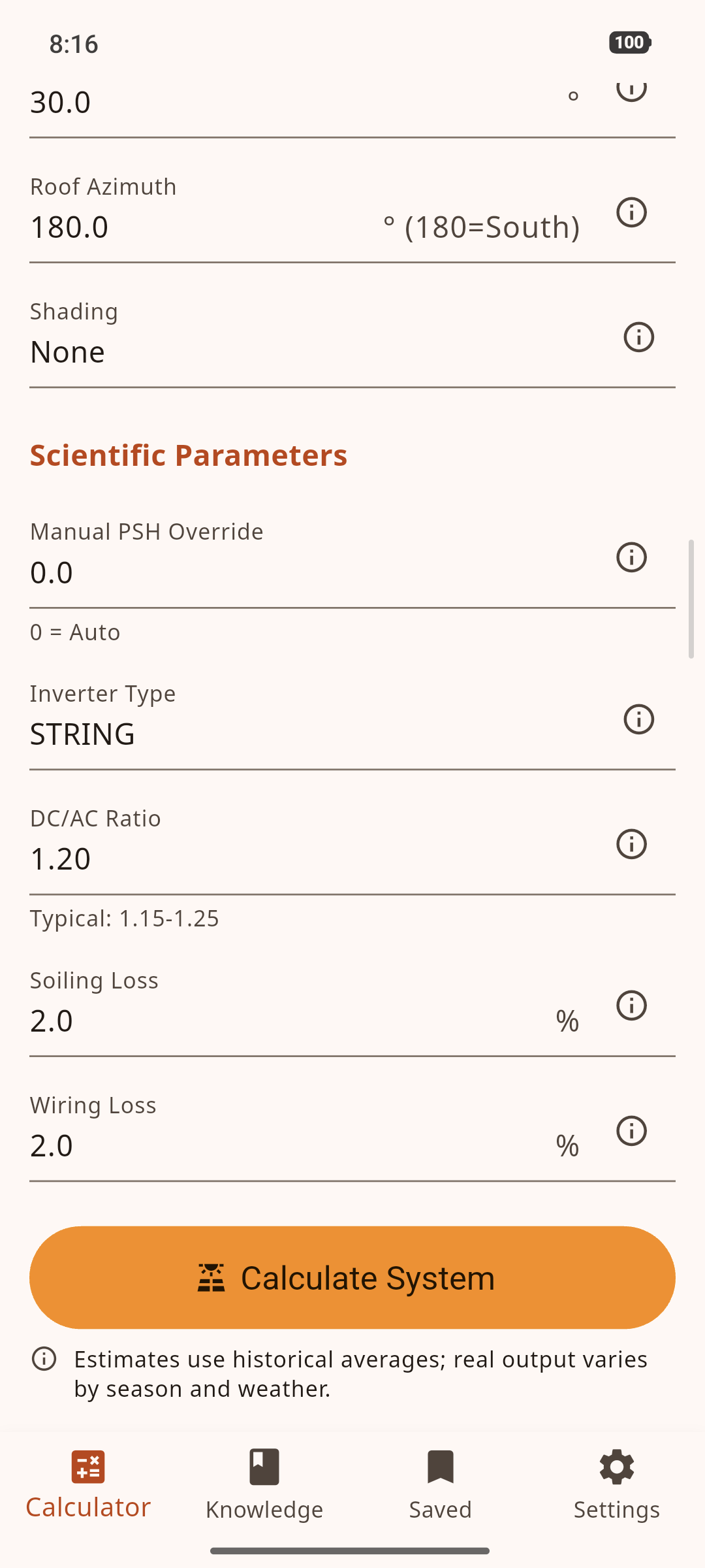 Scientific mode panel configuration with manual controls for panel type, wattage, efficiency and temperature coefficient.